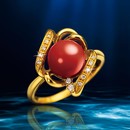 真紅のラグジュアリー　土佐産血赤珊瑚とダイヤモンドの純金.9999宝飾リング