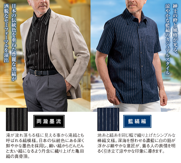 本場越後織物 亀田縞＞藍縞縮と両瀧墨流 紳士用高級シャツ2色組：I・E