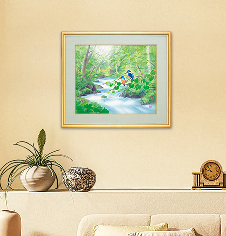 白木結衣筆 絹本肉筆画「奥入瀬涼景 清流の翡翠」：I・E・I