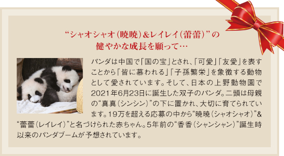 “シャオシャオ（暁暁）＆レイレイ（蕾蕾）”の健やかな成長を願って…／パンダは中国で「国の宝」とされ、「可愛」「友愛」を表すことから「皆に慕われる」「子孫繁栄」を象徴する動物として愛されています。そして、日本の上野動物園で2021年6月23日に誕生した双子のパンダ。二頭は母親の“真真（シンシン）”の下に置かれ、大切に育てられています。19万を超える応募の中から“暁暁（シャオシャオ）”＆“蕾蕾（レイレイ）”と名づけられた赤ちゃん。5年前の“香香（シャンシャン）”誕生時以来のパンダブームが予想されています。