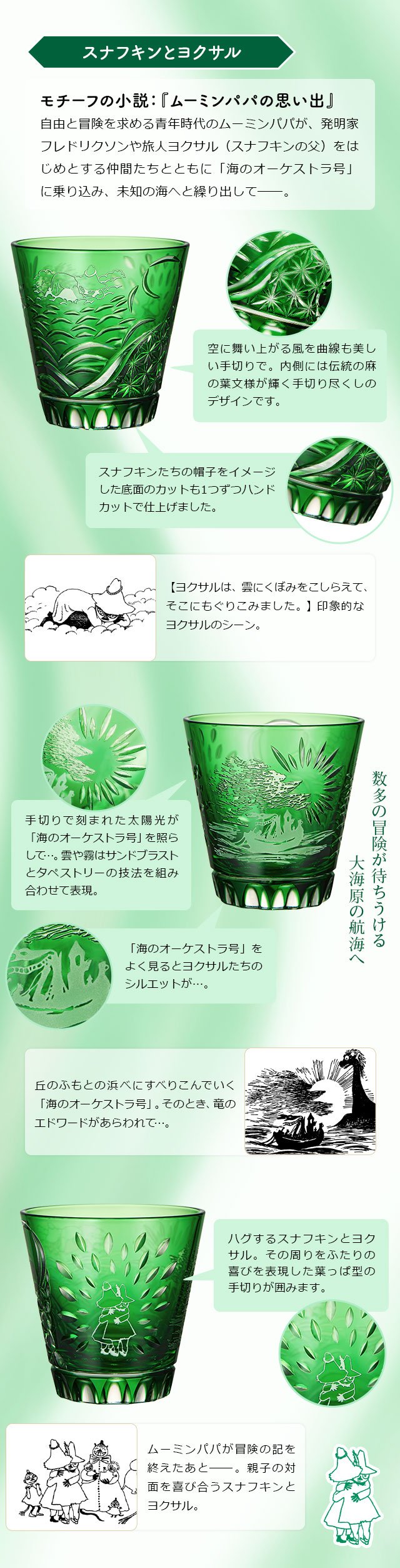スナフキンとヨクサル／モチーフの小説：『ムーミンパパの思い出』自由と冒険を求める青年時代のムーミンパパが、発明家フレドリクソンや旅人ヨクサル（スナフキンの父）をはじめとする仲間たちとともに「海のオーケストラ号」に乗り込み、未知の海へと繰り出して─。／１、【ヨクサルは、雲にくぼみをこしらえて、そこにもぐりこみました。】印象的なヨクサルのシーン。：空に舞い上がる風を曲線も美しい手切りで。内側には伝統の麻の葉文様が輝く手切り尽くしのデザインです。スナフキンたちの帽子をイメージした底面のカットも1つずつハンドカットで仕上げました。／２、数多の冒険が待ちうける大海原の航海へ。丘のふもとの浜べにすべりこんでいく「海のオーケストラ号」。そのとき、竜のエドワードがあらわれて…。：手切りで刻まれた太陽光が「海のオーケストラ号」を照らして…。雲や霧はサンドブラストとタペストリーの技法を組み合わせて表現。「海のオーケストラ号」をよく見るとヨクサルたちのシルエットが…。／３、ムーミンパパが冒険の記を終えたあと―。親子の対面を喜び合うスナフキンとヨクサル。：ハグするスナフキンとヨクサル。その周りをふたりの喜びを表現した葉っぱ型の手切りが囲みます。