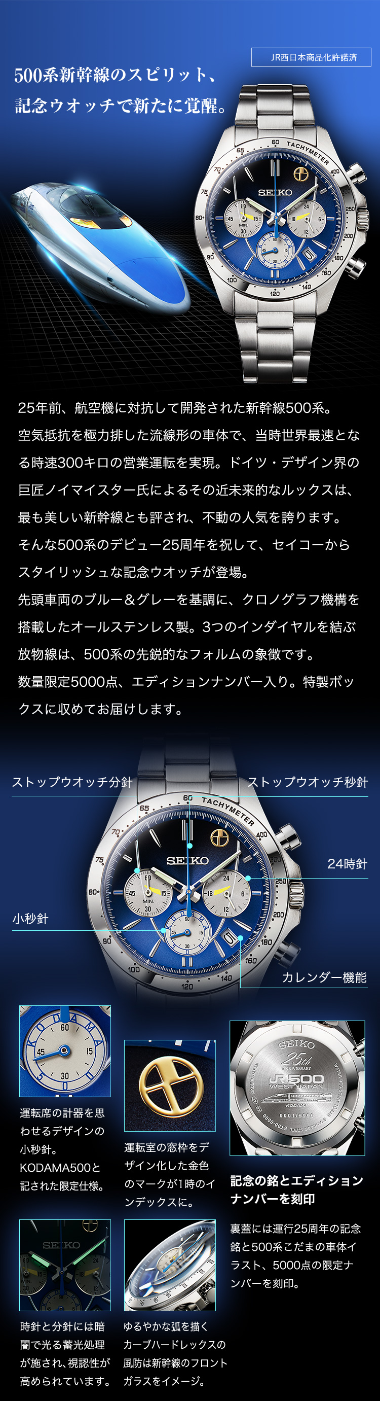 500系新幹線のスピリット、記念ウオッチで新たに覚醒。25年前、航空機に対抗して開発された新幹線500系。空気抵抗を極力排した流線形の車体で、当時世界最速となる時速300キロの営業運転を実現。ドイツ・デザイン界の巨匠ノイマイスター氏によるその近未来的なルックスは、最も美しい新幹線とも評され、不動の人気を誇ります。そんな500系のデビュー25周年を祝して、セイコーからスタイリッシュな記念ウオッチが登場。先頭車両のブルー＆グレーを基調に、クロノグラフ機構を搭載したオールステンレス製。3つのインダイヤルを結ぶ放物線は、500系の先鋭的なフォルムの象徴です。数量限定5000点、エディションナンバー入り。特製ボックスに収めてお届けします。