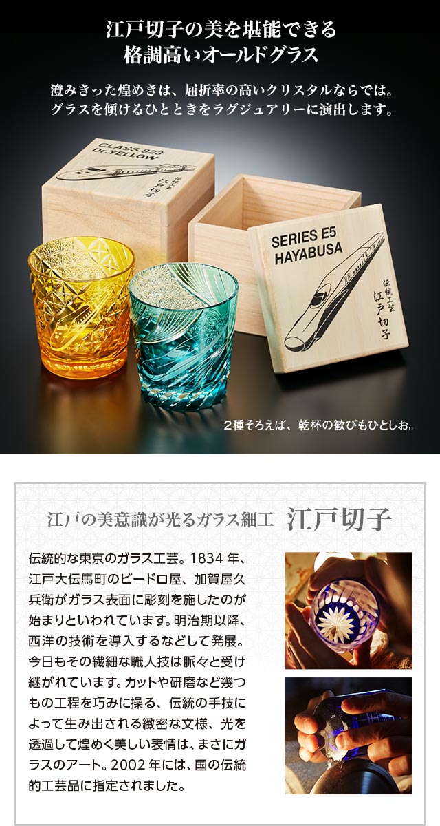 江戸切子の美を堪能できる格調高いオールドグラス。澄みきった煌めきは、屈折率の高いクリスタルならでは。グラスを傾けるひとときをラグジュアリーに演出します。2種そろえば、乾杯の歓びもひとしお。／江戸の美意識が光るガラス細工　江戸切子：伝統的な東京のガラス工芸。1834年、江戸大伝馬町のビードロ屋、加賀屋久兵衛がガラス表面に彫刻を施したのが始まりといわれています。明治期以降、西洋の技術を導入するなどして発展。今日もその繊細な職人技は脈々と受け継がれています。カットや研磨など幾つもの工程を巧みに操る、伝統の手技によって生み出される緻密な文様、光を透過して煌めく美しい表情は、まさにガラスのアート。2002年には、国の伝統的工芸品に指定されました。