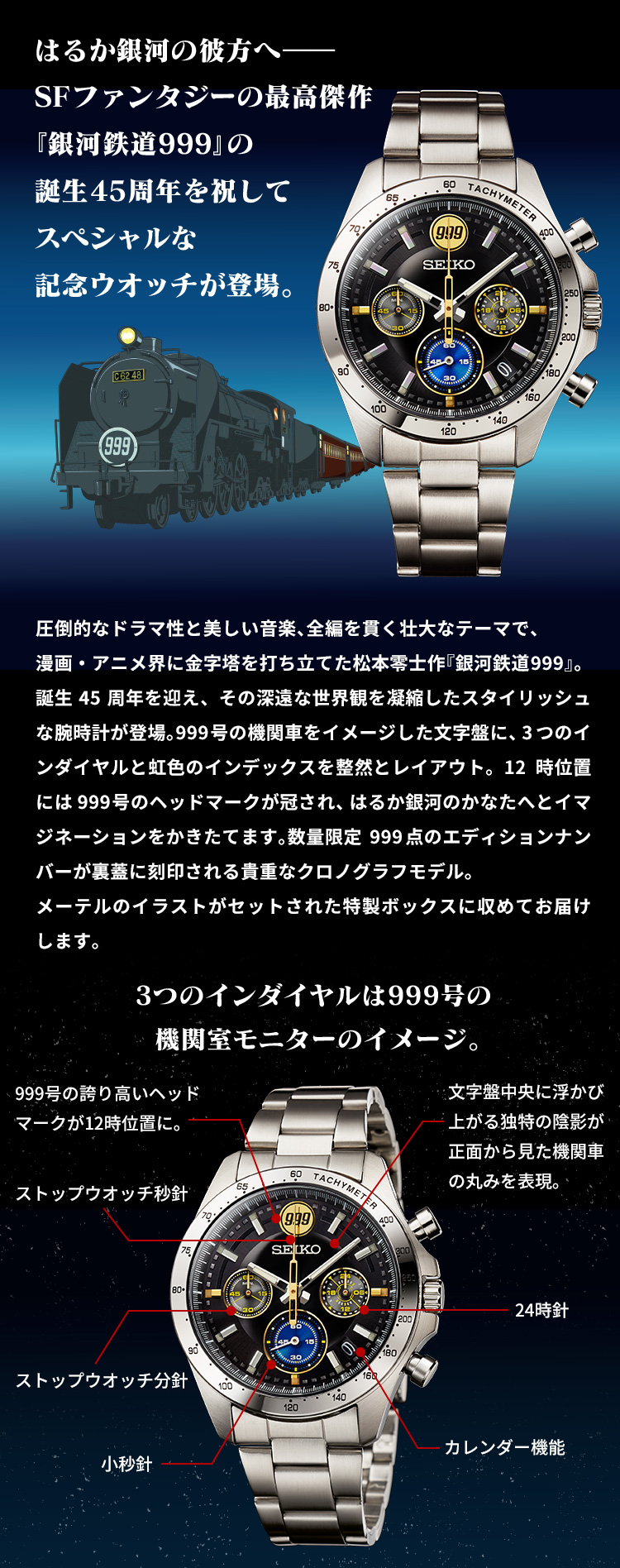 はるか銀河の彼方へ――SFファンタジーの最高傑作『銀河鉄道999』の誕生45周年を祝してスペシャルな記念ウオッチが登場。