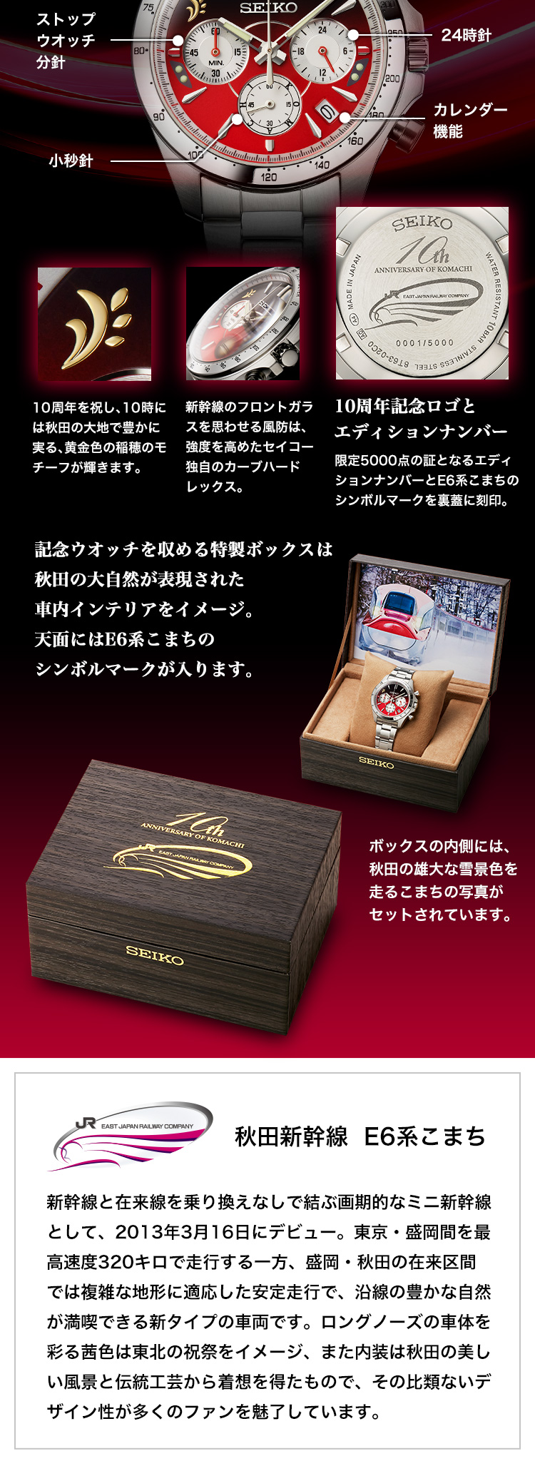 記念ウオッチを収める特製ボックスは秋田の大自然が表現された車内インテリアをイメージ。天面にはE6系こまちのシンボルマークが入ります。