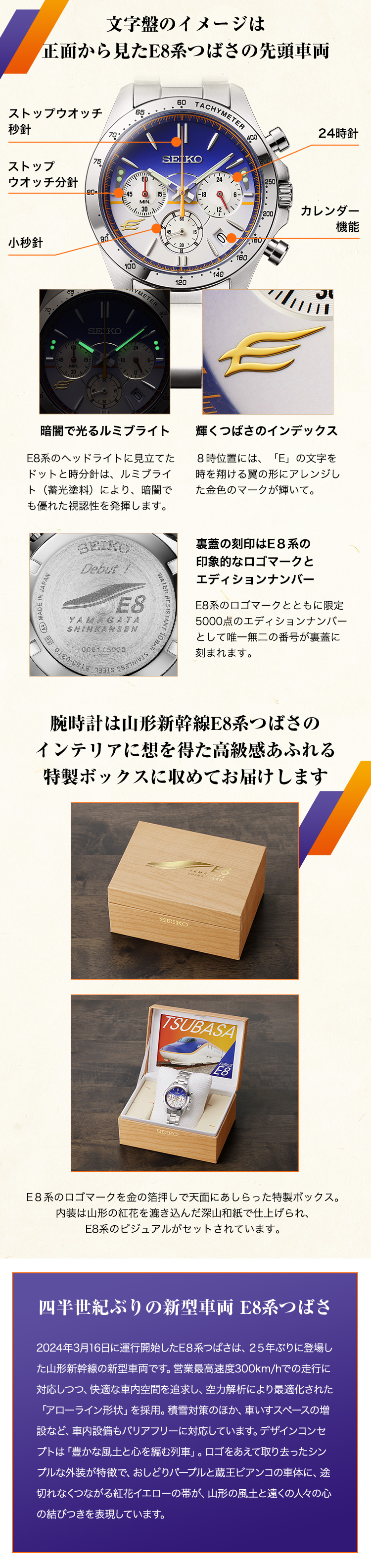 文字盤のイメージは正面から見たE8系つばさの先頭車両／腕時計は山形新幹線E8系つばさのインテリアに想を得た高級感あふれる特製ボックスに収めてお届けします