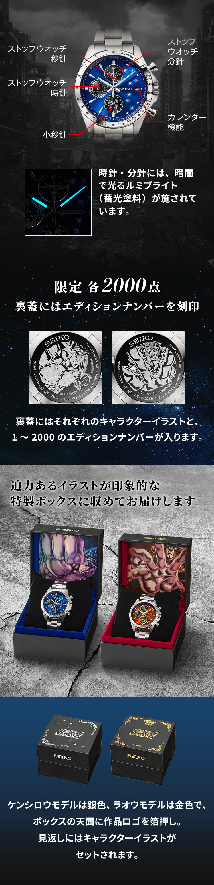 限定各2000点　裏蓋にはエディションナンバーを刻印　裏蓋にはそれぞれのキャラクターイラストと、1～2000のエディションナンバーが入ります。迫力あるイラストが印象的な特製ボックスに収めてお届けします　ケンシロウモデルは銀色、ラオウモデルは金色で、ボックスの天面に作品ロゴを箔押し。見返しにはキャラクターイラストがセットされます。